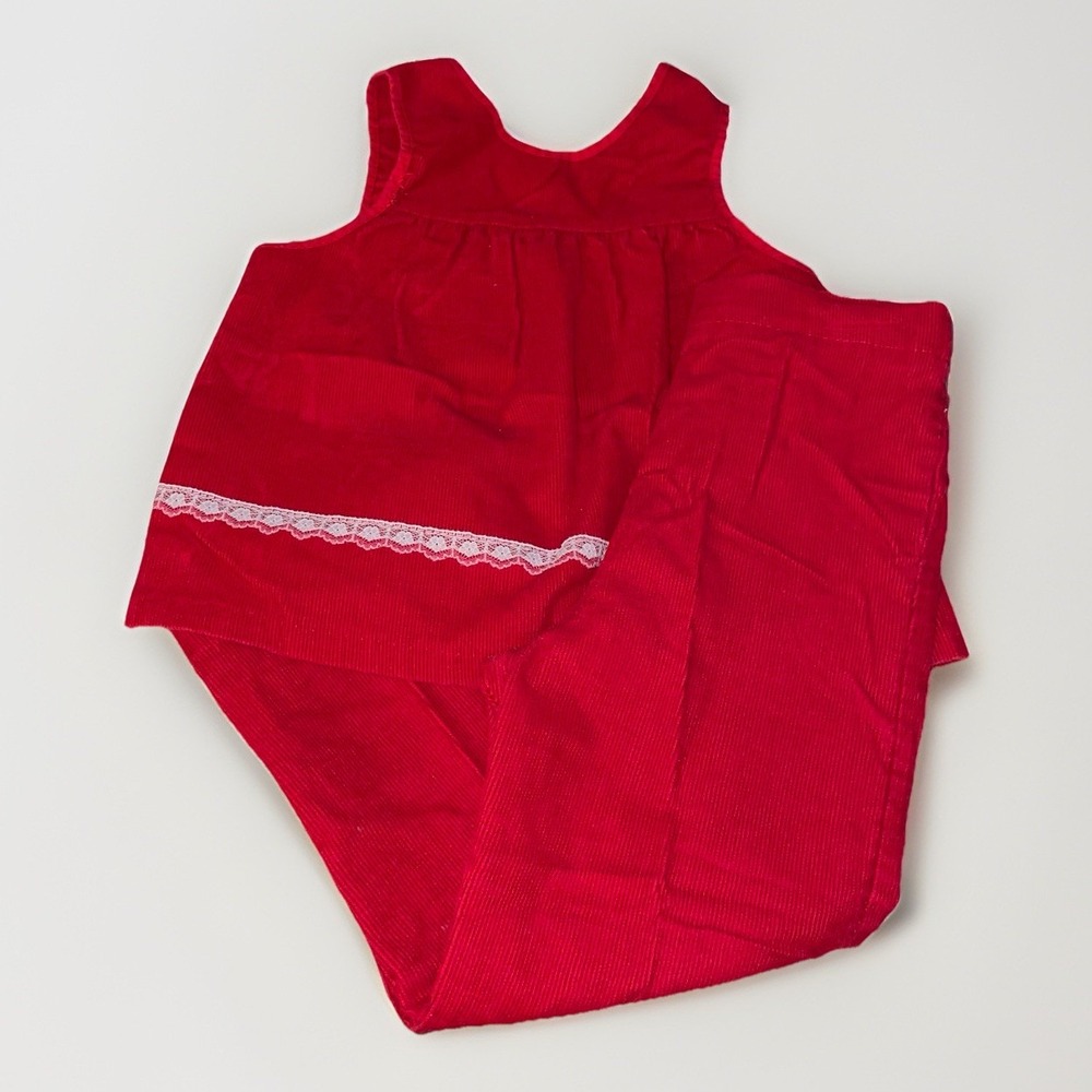 Red Corduroy Outfit Kids Size T4 4T Vintage 1960s Lace Detail Valentines Holiday